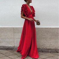 Boho Deep V Neck Ruffle Maxi Dress