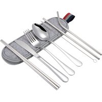 Reusable Travel Stainless steel Cutlery Flatware set Knife Fork Spoon Chopsticks Straws with Cleaning brush Portable bag