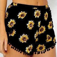 MS 206 Sunflower Print Tassel Chiffon Beach Shorts