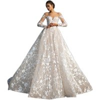 Elegant Vestido De Renda Lace Long Sleeve Wedding Dress Open Back A Line Bridal Gowns