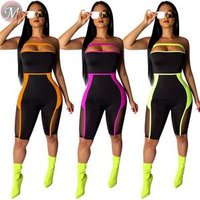 9052502 queenmoen Hot sale women sexy strapless contrast mesh patchwork bodycon jumpsuit