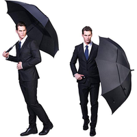 Extra long fiberglass shaft auto open windproof double layer air vented golf business umbrella parasol