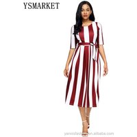 Elegant Line Midi Dress Stripe Print Belt