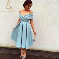 Sky Blue Satin Tea Length Bridesmaid Dress