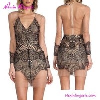 Black Blue & Yellow Lace Mesh Hollow Out Night Dress