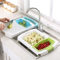 2019 Kitchen New Design Creative Multifunction Chopping Board Water Drain Storage Basket Plastic Cutting Board With Strainer