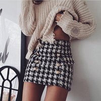 A2372 Women Summer Winter Black White Lattice Skirt Houndstooth Fabric Skirt