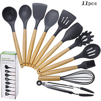 Amazon Hot Bamboo Wooden Handles Kitchen Gadgets Silicone Cooking Kitchen Utensils Set for Nonstick Cookware 11pcs/set