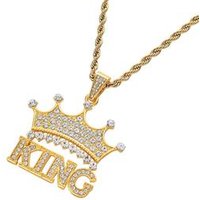 New Arrival Hiphops Jewelry Men's King Crown Pendant Necklace Stainless Steel Chain Pave Diamond Gold Crown Necklace