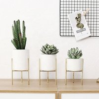 Small Plants Ceramic Flower Pot White Succulent Planter Garden Bonsai Pots Geometric Iron Rack Holder Flowerpot Set