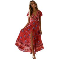 V Neck Printed Wrap Beach Dress