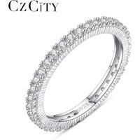 CZCITY Round Cubic Zircon Rings 925 Sterling Silver Fashion CZ Finger Rings Single Band Full of CZ