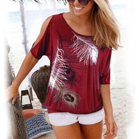 Feathers Print Strapless Short Sleeve T shirt