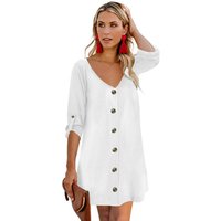 V Neck Button Front Dress Roll Up Sleeves