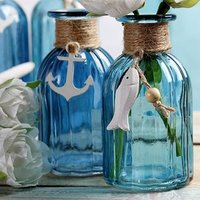 Light Blue Flower Bud Vase with Jute Rope and Starfish Glass Bottle with Ribbed Design 7.5-inch Tall for Home Decor Wedding Part