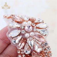 Rose Gold Crystal Bridal Beaded Rhinestone Pearl Applique Patch