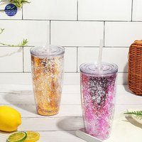 Wholesale food grade promotional FDA reusable drinking cup straw insulated double wall plastic cup glitter tumbler with straw