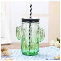 Cactus shape fancy 400ml empty glass mason jar with straw