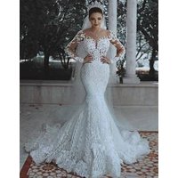 2019 Scoop Neck Arabic Mermaid Wedding Dress Long Sleeves