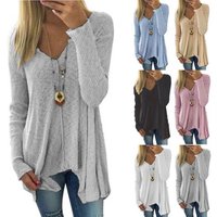 Amazon Hot Style Female Long-sleeved Tops Solid-colored V-Neck Irregular Blouse