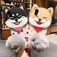 Cute Pet Dog 3D Silicone Case for iPhone X 7 8 Xr 6s Plus Soft Shockproof Mobilephone Accessories Cover Cases with Fur Ball