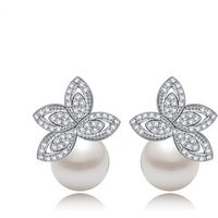LUOTEEMI Wholesale Free Shipping Hot sale Women Luxury Clear Cubic Zircon Paved Wedding Pearl Earrings For Brides