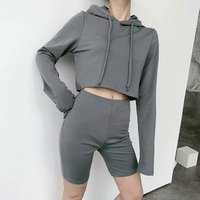 Women Long Sleeve Hoodie + Biker Short Tracksuit 2 Pieces Yoga Shorts Set
