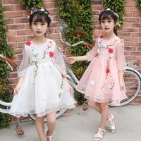 Lovely long sleeve flower chiffon dress kids wear girls party dresses DP2089