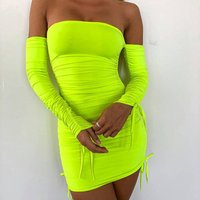 Neon Green Ruched Off Shoulder Long Sleeve Bodycon Dress Sexy Party Night Club Dresses Bandage Spring Y11012