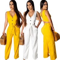 LD6196 women fashion white yellow solid straight casual jumpsuit