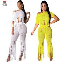 2019 Fashion Sexy Hole Club Wear Two Piece Skinny Pants Set For Women Clothing C-Q279MN