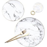 Luxury western gold rimmed plates sets dinnerware ceramic dinner plates with marble pattern