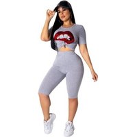 Plus Size Sportswear Women 2 Pieces Set Summer Red Mouth Sequin Patch Women Bodycon Jumpsuit