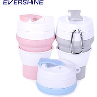 In Stock durable food grade portable 350ml reusable custom travel foldable silicone coffee collapsible cup with lid Carabiner
