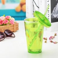 16oz Wholesale Double Wall Reusable Custom Travel Cup Drinking Plastic Coffee Cup With Straw And Printed