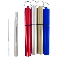 Telescopic 304 Stainless steel Straw Reusable Collapsible Drink Straw with Metal Capsule Shell Silicone Tips and Cleaning Brush