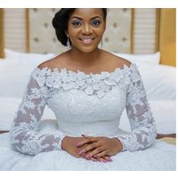 Appliques Lace Beaded Vestido De Noiva Muslim Plus Size African Royal Train Ball Gown Long Sleeve Wedding Dresses MWA288