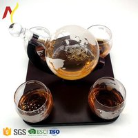 Globe Whiskey Decanter Four Glasses Wooden Tray