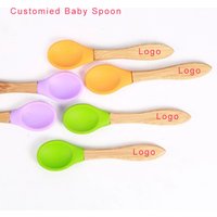 Custom LOGO Food Grade Silicone Bamboo Wooden Baby Feeding Training Spoon and Fork Set