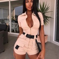 Short Sleeve Sexy Bodysuit Women Zipper Bodycon Skinny Romper Elegant Autumn Jumpsuit Shorts Sport Outfit Overalls Y11156