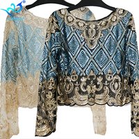 Bling Sheer Body Crop Top Blusas Feminina Lace Mesh Long Sleeve Floral Embroidery Sequin Beading Women Shirt Blouse Top