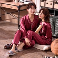 Good Selling High Quality Pure Color Silk Couple Pajama Sets Casual Home Cute Lovers Sleepwear Set