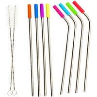 Set 8 Reusable Stainless Steel Drinking Straws Silicone Tips