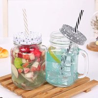 16OZ Mason drink glass cup juice water beverage glass bottles customized beverage bottle with ebossed logo handle