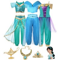 Movie Aladdin Cosplay Princess Jasmine Costume for Girls Fancy Jasmine Tops and Pants Clothing Set Kid Arabian Belly Dance Dress