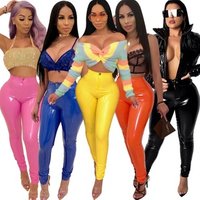 Women's Fashion sexy solid skinny pencil faux PU leather pants