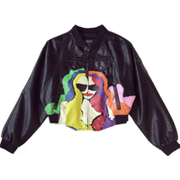Portrait Graffiti Print Batwing Sleeves PU Jacket