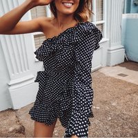 2019 New Arrivals One Shoulder Polka Dot Sexy Ruffle Woman Casual Dress