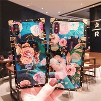 Vintage Rectangle Square Flower Painting Phone Case For iPhone XS Max XR X 8 7 6 6S Plus Cases Cover Blue Light Phone Case