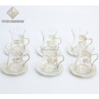 Set for 6 Turkish Style Metal Gold Plated Tea Cups Set With Saucer